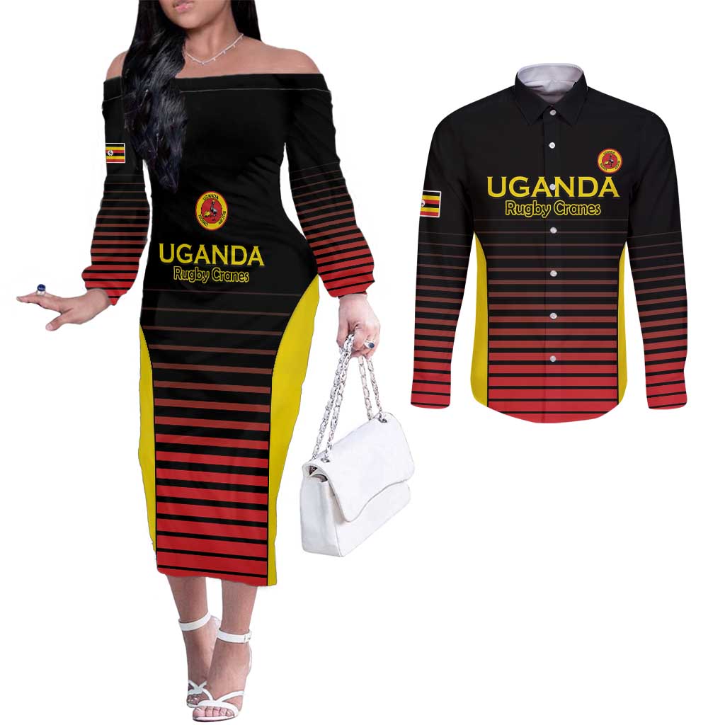 Uganda Rugby Custom Couples Matching Off The Shoulder Long Sleeve Dress and Long Sleeve Button Shirt Go Cranes