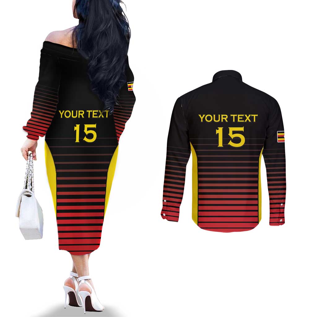 Uganda Rugby Custom Couples Matching Off The Shoulder Long Sleeve Dress and Long Sleeve Button Shirt Go Cranes