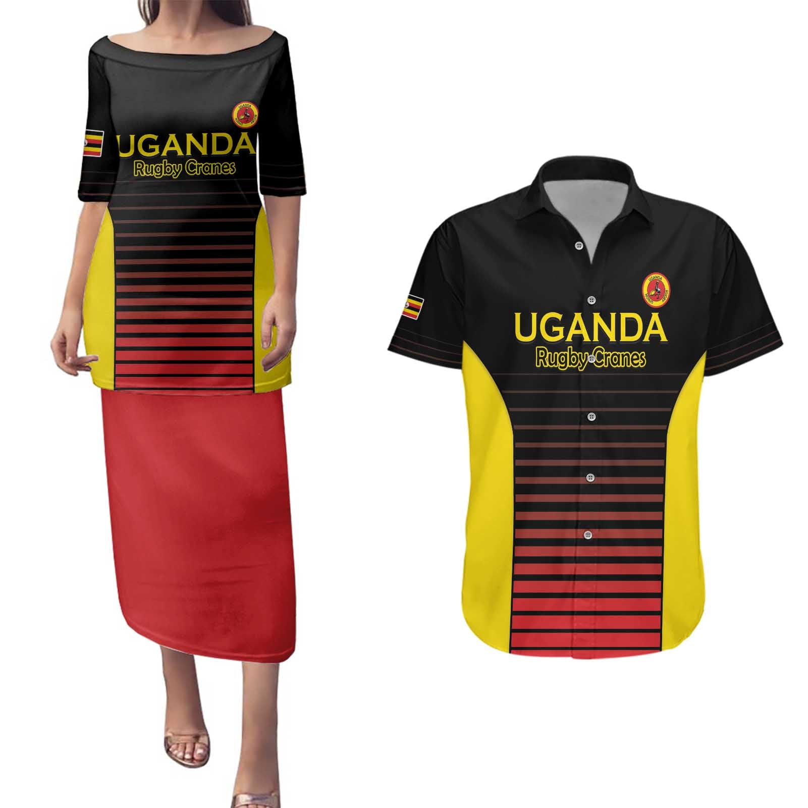 Uganda Rugby Custom Couples Matching Puletasi and Hawaiian Shirt Go Cranes