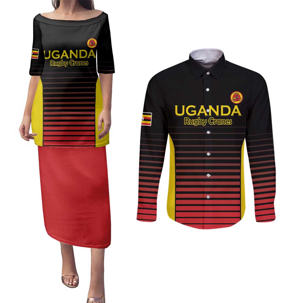 Uganda Rugby Custom Couples Matching Puletasi and Long Sleeve Button Shirt Go Cranes