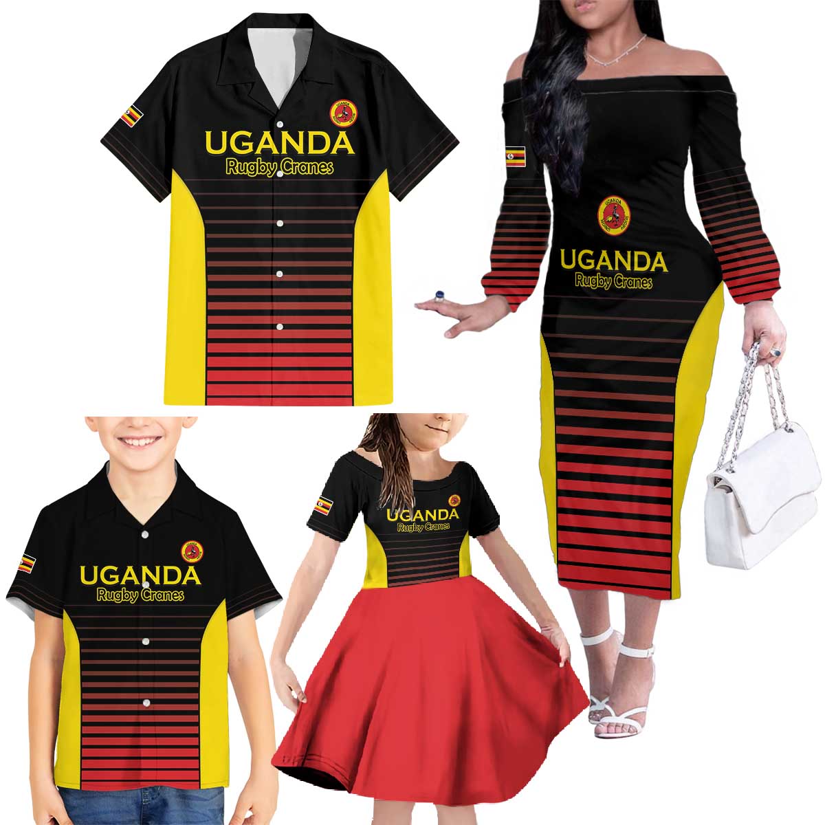 Uganda Rugby Custom Family Matching Off The Shoulder Long Sleeve Dress and Hawaiian Shirt Go Cranes