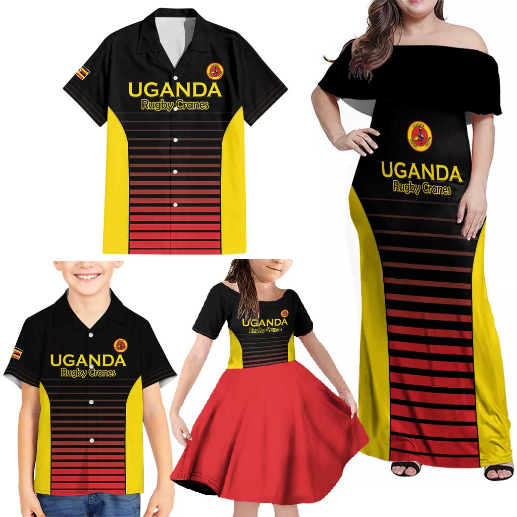 Uganda Rugby Custom Family Matching Off Shoulder Maxi Dress and Hawaiian Shirt Go Cranes