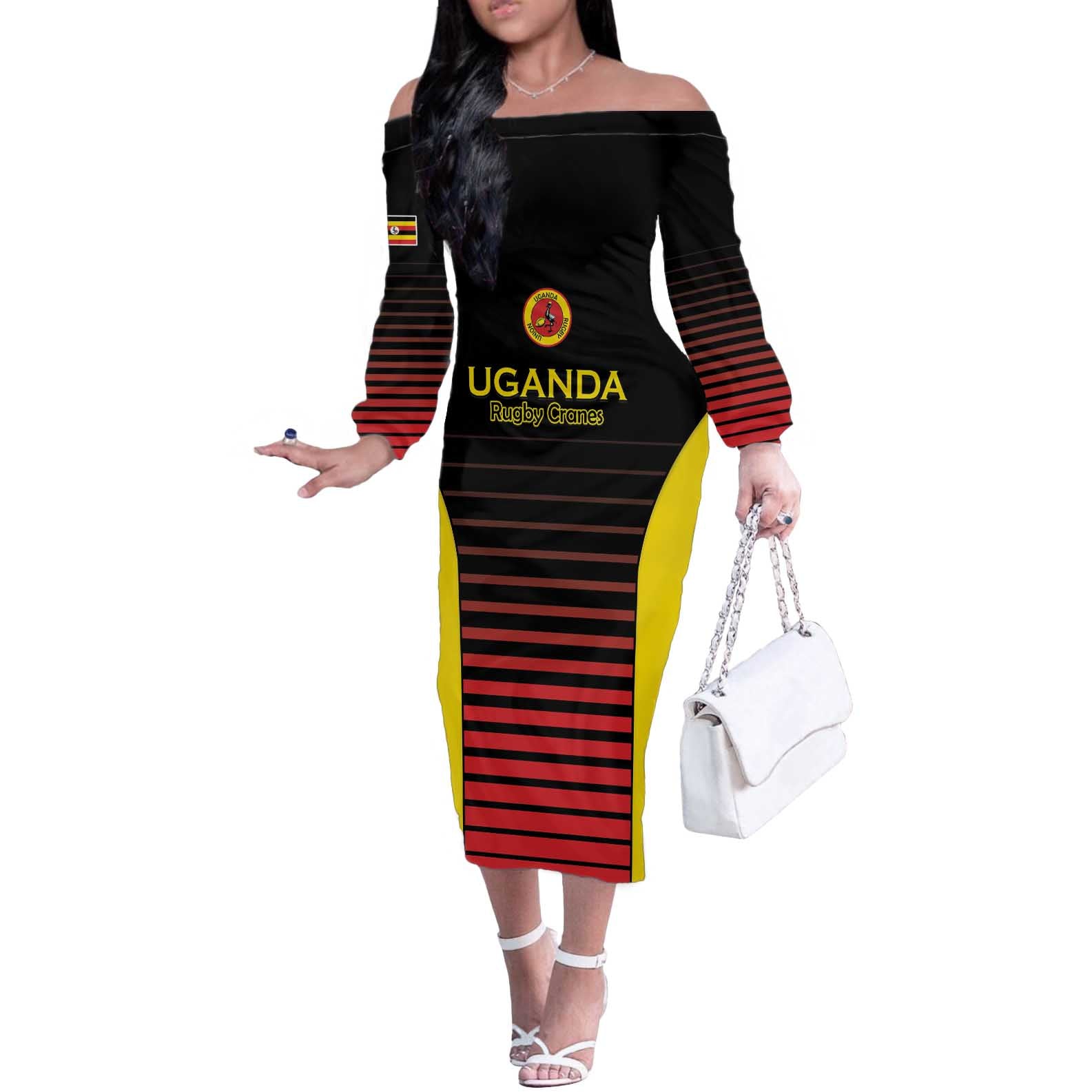 Uganda Rugby Custom Off The Shoulder Long Sleeve Dress Go Cranes