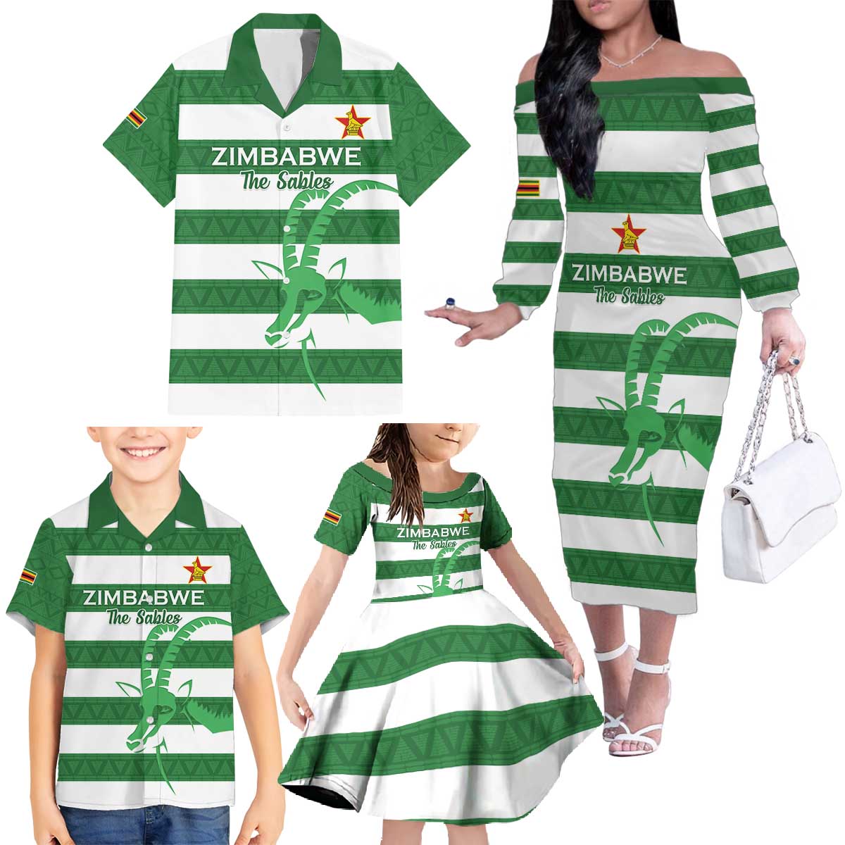 Zimbabwe Rugby Custom Family Matching Off The Shoulder Long Sleeve Dress and Hawaiian Shirt Go Sables Go