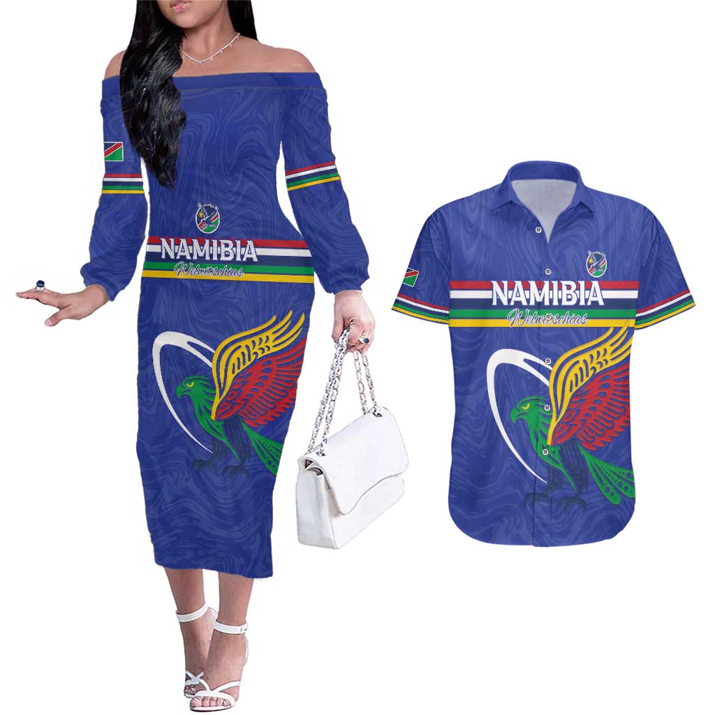 Namibia Rugby Custom Couples Matching Off The Shoulder Long Sleeve Dress and Hawaiian Shirt Go Welwitschias