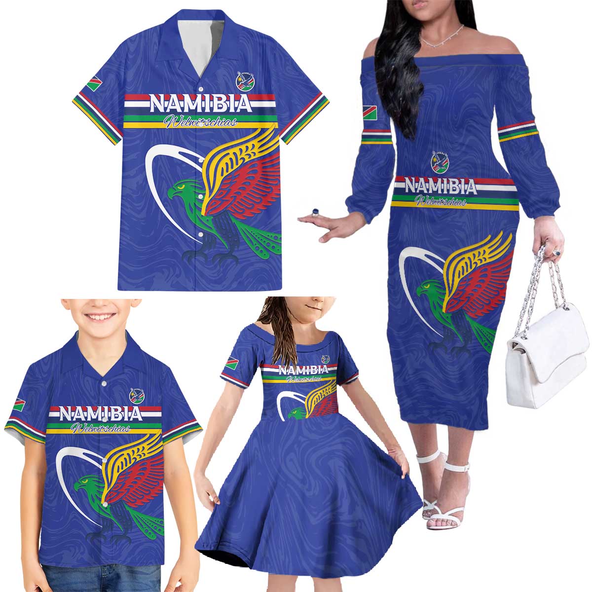 Namibia Rugby Custom Family Matching Off The Shoulder Long Sleeve Dress and Hawaiian Shirt Go Welwitschias