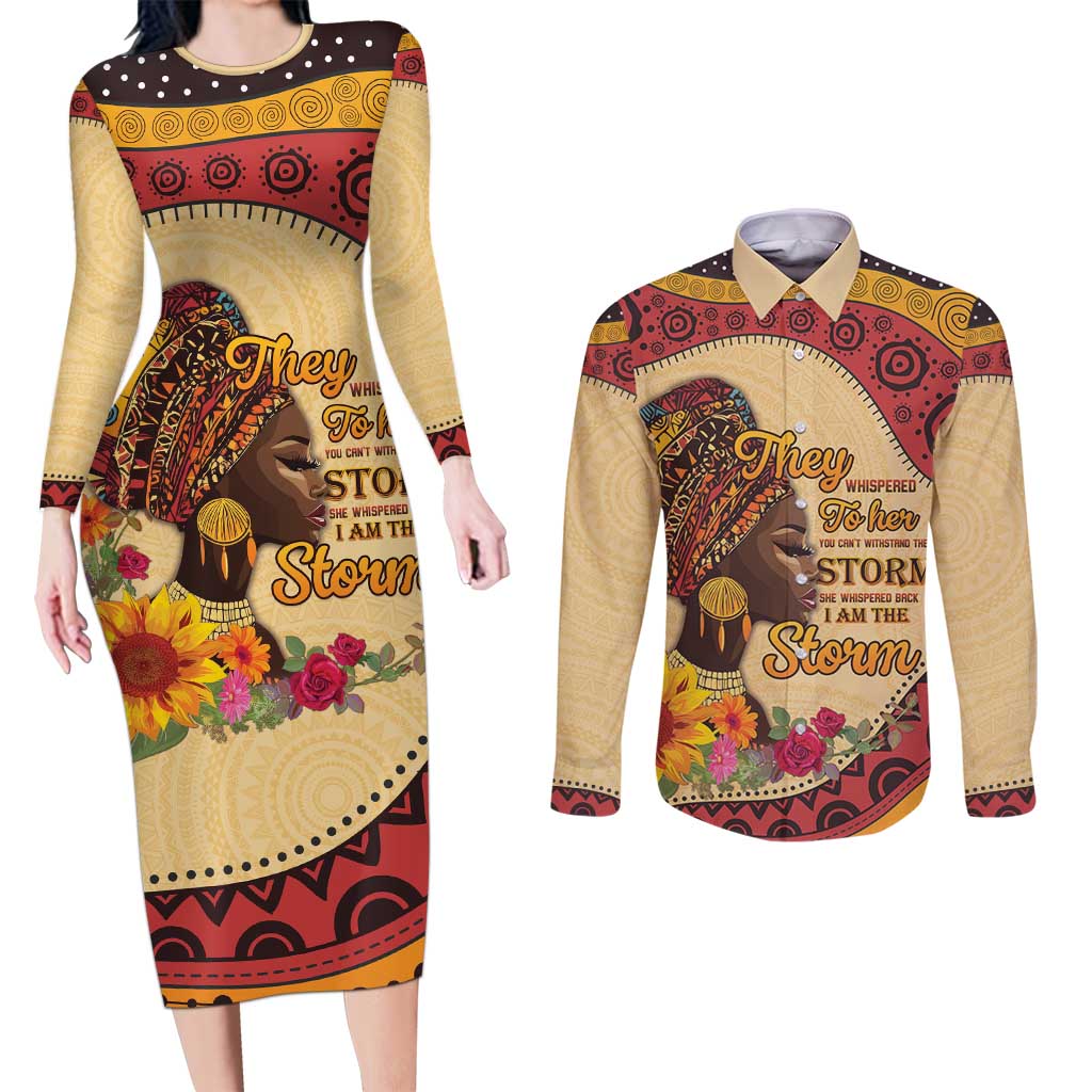 Black History Month Couples Matching Long Sleeve Bodycon Dress and Long Sleeve Button Shirt African Woman Afro I Am The Storm - Wonder Print Shop