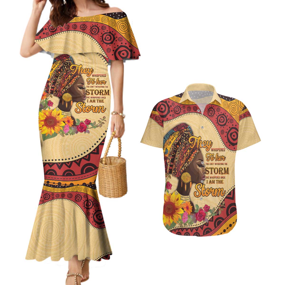 Black History Month Couples Matching Mermaid Dress and Hawaiian Shirt African Woman Afro I Am The Storm - Wonder Print Shop