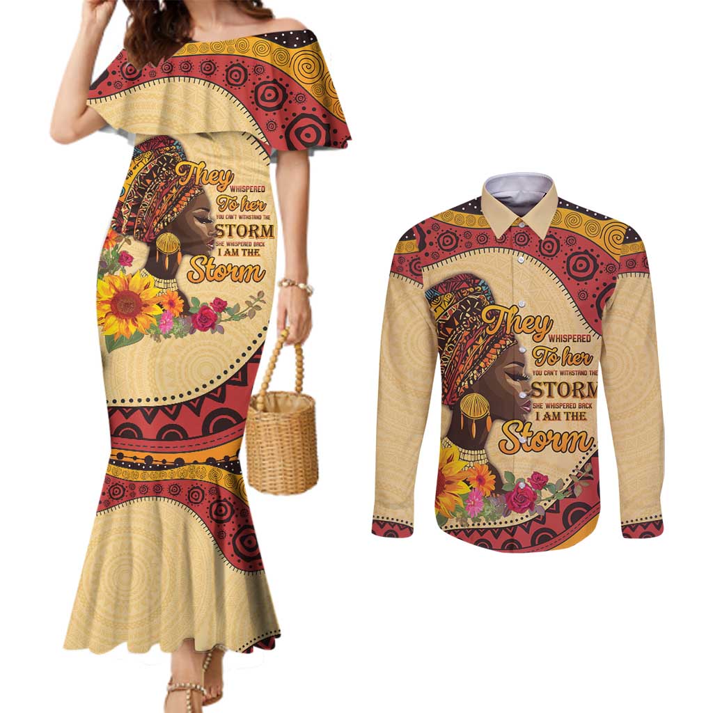 Black History Month Couples Matching Mermaid Dress and Long Sleeve Button Shirt African Woman Afro I Am The Storm - Wonder Print Shop