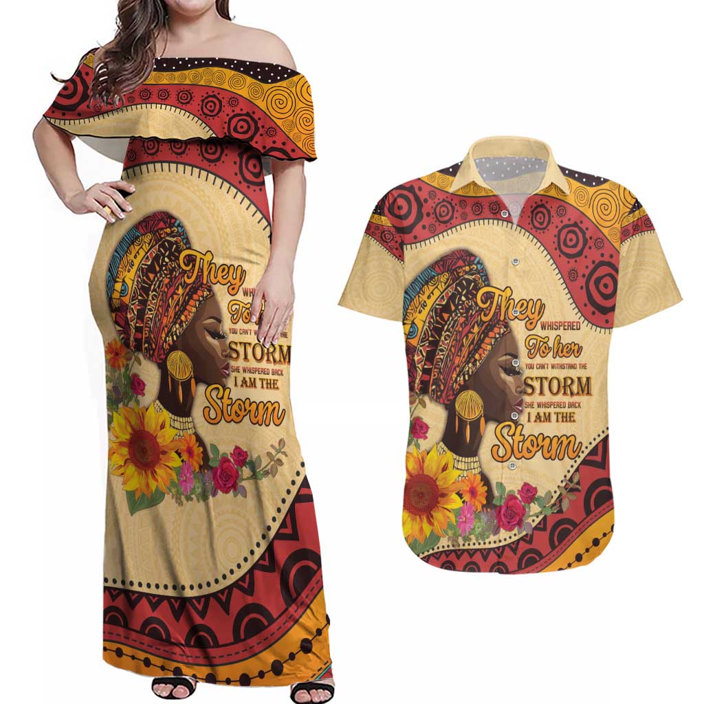 Black History Month Couples Matching Off Shoulder Maxi Dress and Hawaiian Shirt African Woman Afro I Am The Storm - Wonder Print Shop