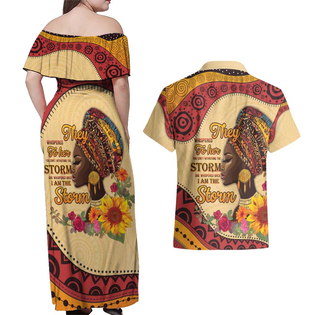 Black History Month Couples Matching Off Shoulder Maxi Dress and Hawaiian Shirt African Woman Afro I Am The Storm - Wonder Print Shop