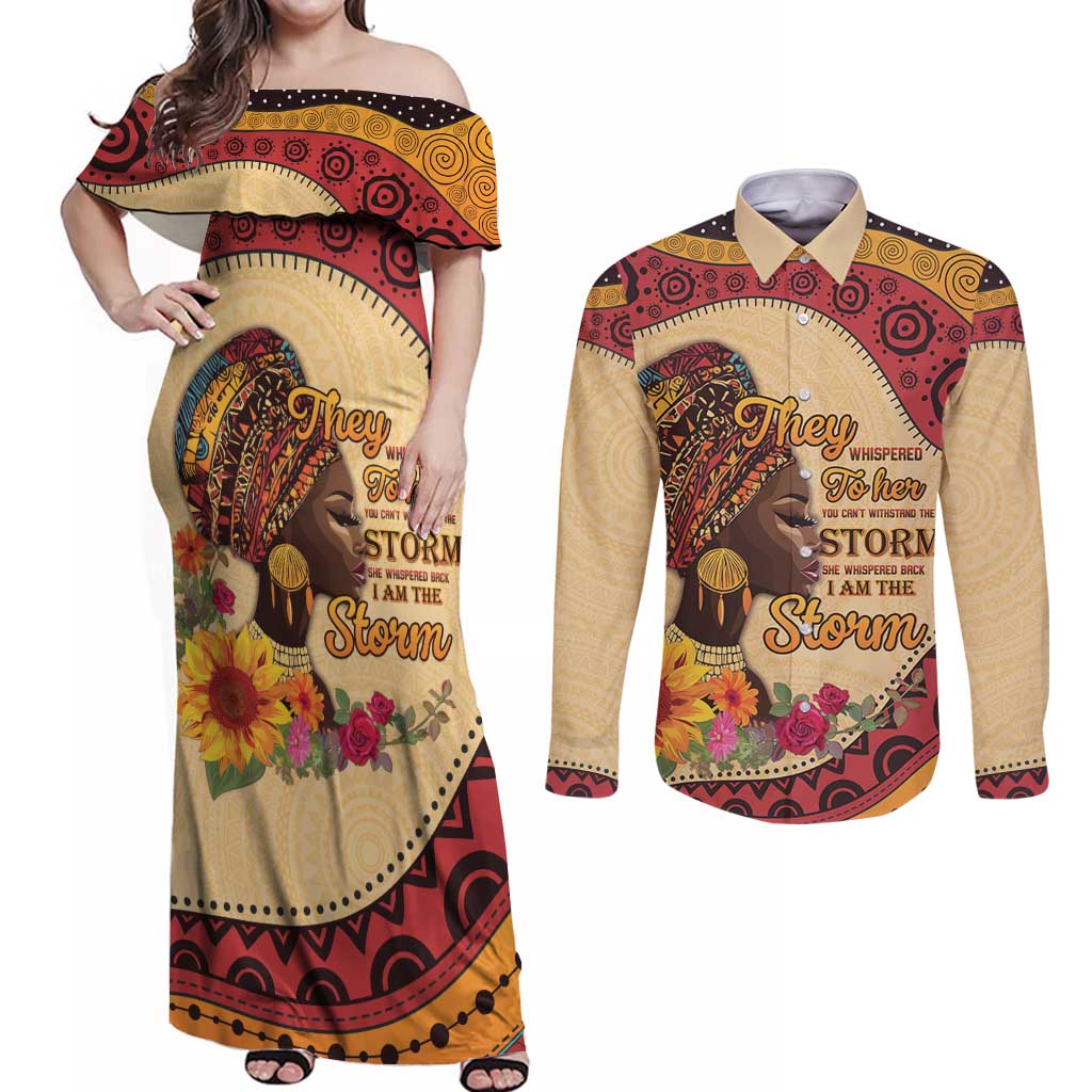 Black History Month Couples Matching Off Shoulder Maxi Dress and Long Sleeve Button Shirt African Woman Afro I Am The Storm - Wonder Print Shop