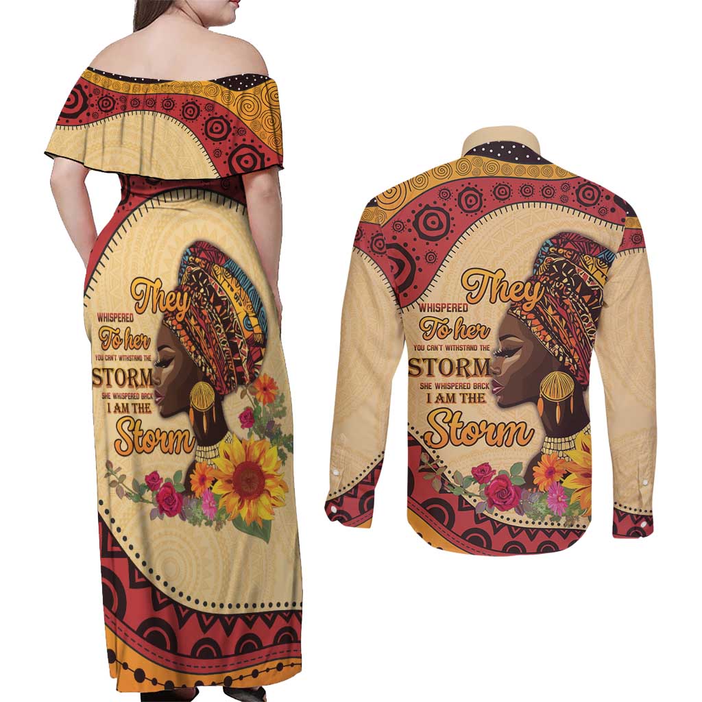 Black History Month Couples Matching Off Shoulder Maxi Dress and Long Sleeve Button Shirt African Woman Afro I Am The Storm - Wonder Print Shop