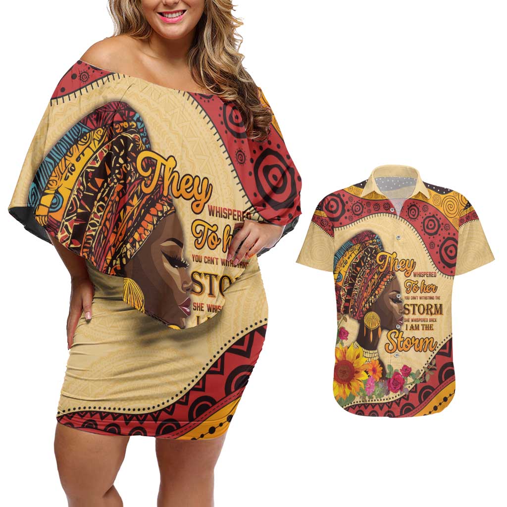 Black History Month Couples Matching Off Shoulder Short Dress and Hawaiian Shirt African Woman Afro I Am The Storm - Wonder Print Shop