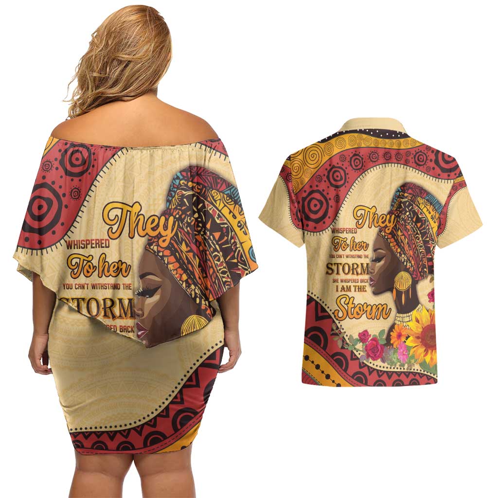 Black History Month Couples Matching Off Shoulder Short Dress and Hawaiian Shirt African Woman Afro I Am The Storm - Wonder Print Shop