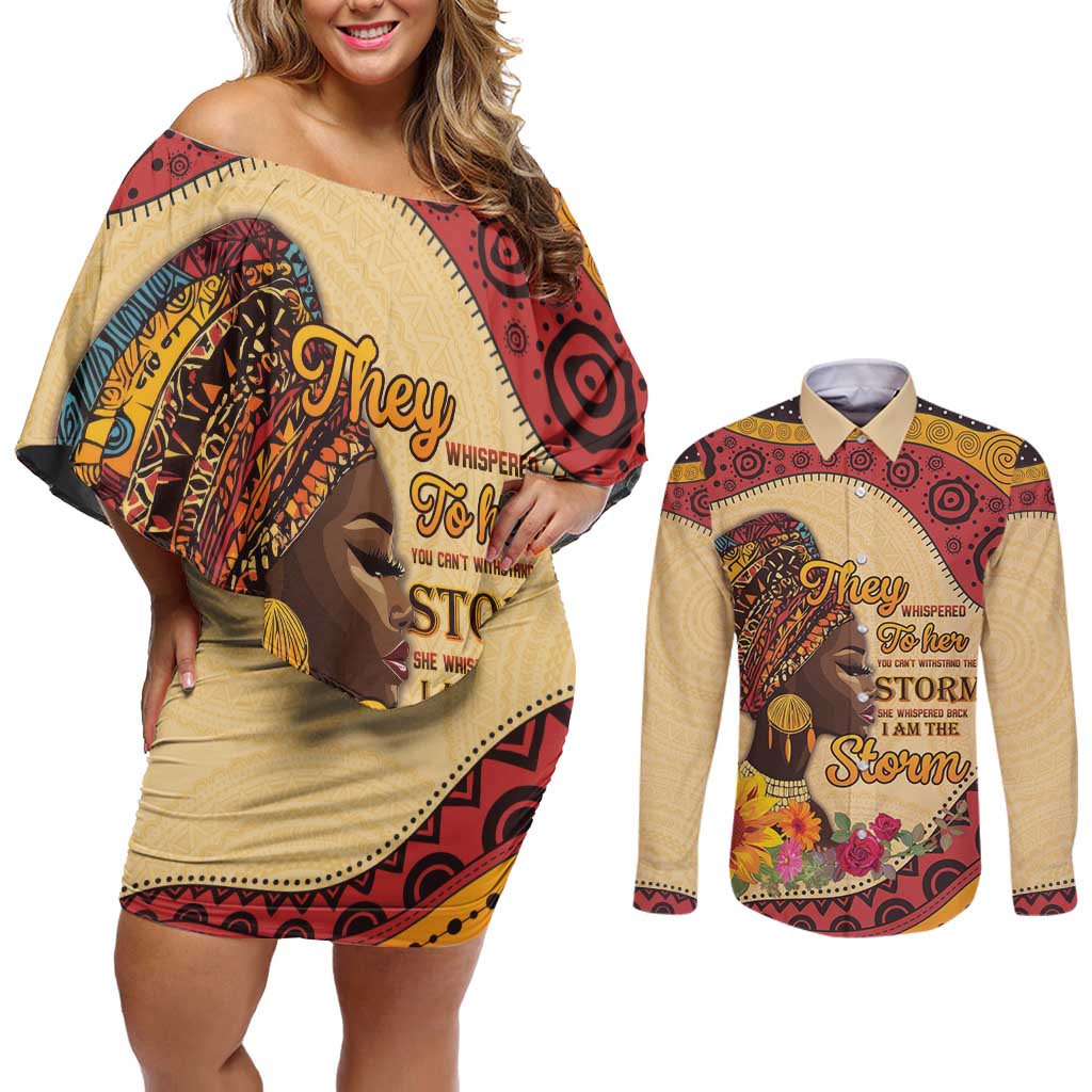 Black History Month Couples Matching Off Shoulder Short Dress and Long Sleeve Button Shirt African Woman Afro I Am The Storm - Wonder Print Shop