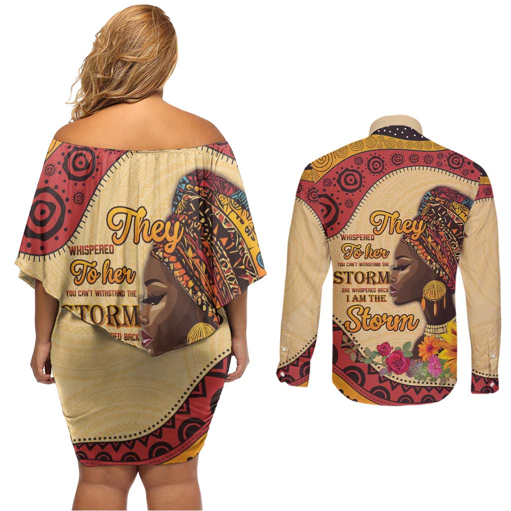 Black History Month Couples Matching Off Shoulder Short Dress and Long Sleeve Button Shirt African Woman Afro I Am The Storm - Wonder Print Shop