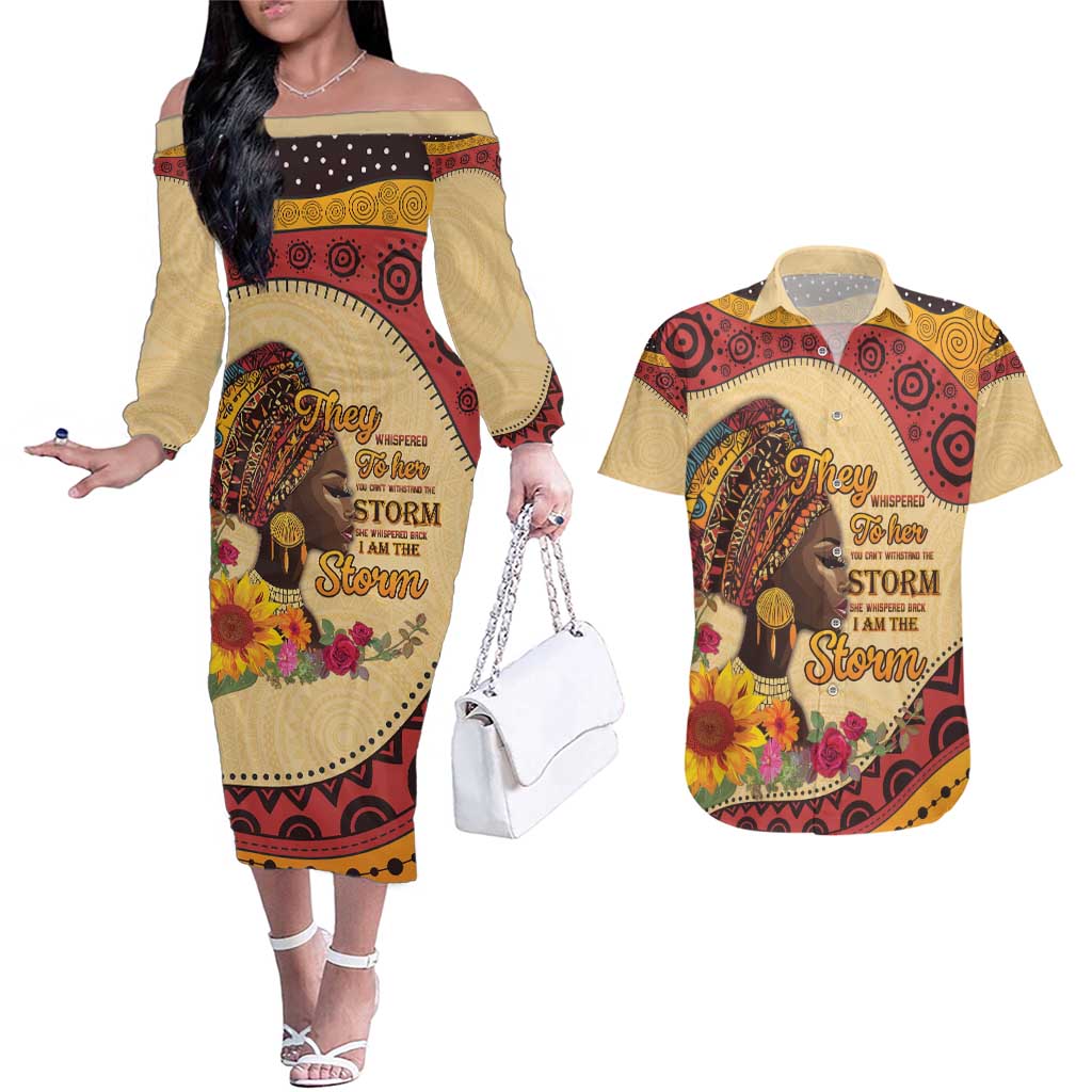Black History Month Couples Matching Off The Shoulder Long Sleeve Dress and Hawaiian Shirt African Woman Afro I Am The Storm - Wonder Print Shop