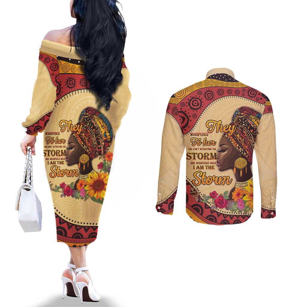 Black History Month Couples Matching Off The Shoulder Long Sleeve Dress and Long Sleeve Button Shirt African Woman Afro I Am The Storm - Wonder Print Shop