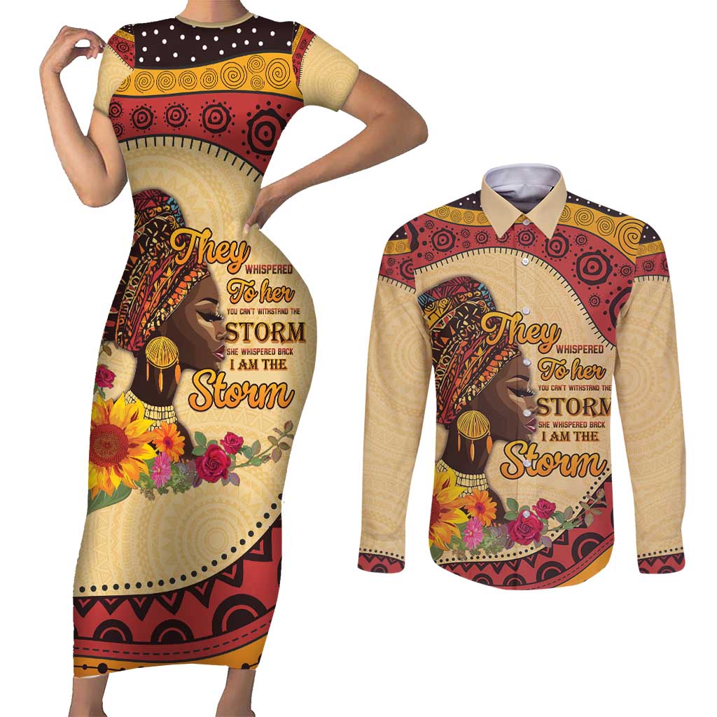 Black History Month Couples Matching Short Sleeve Bodycon Dress and Long Sleeve Button Shirt African Woman Afro I Am The Storm - Wonder Print Shop