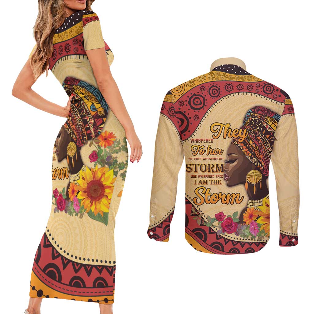 Black History Month Couples Matching Short Sleeve Bodycon Dress and Long Sleeve Button Shirt African Woman Afro I Am The Storm - Wonder Print Shop