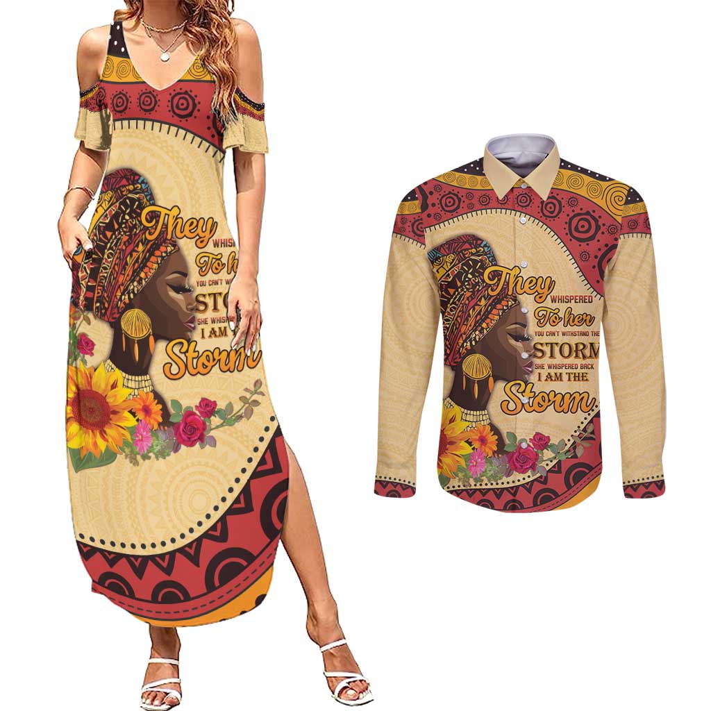 Black History Month Couples Matching Summer Maxi Dress and Long Sleeve Button Shirt African Woman Afro I Am The Storm - Wonder Print Shop