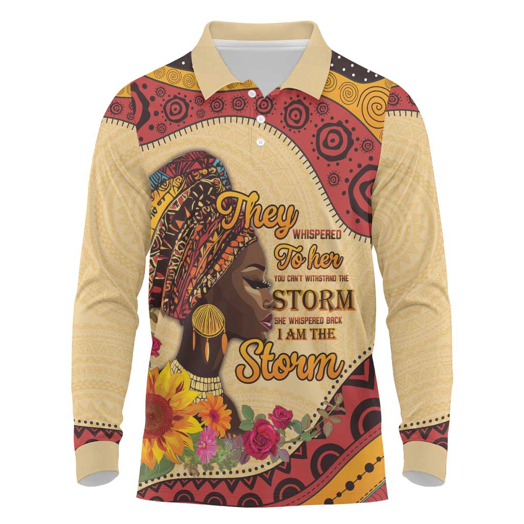 Black History Month Long Sleeve Polo Shirt African Woman Afro I Am The Storm - Wonder Print Shop