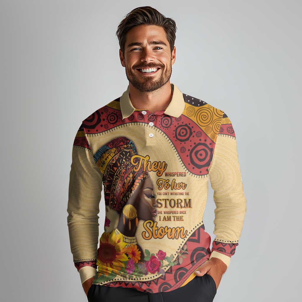 Black History Month Long Sleeve Polo Shirt African Woman Afro I Am The Storm - Wonder Print Shop