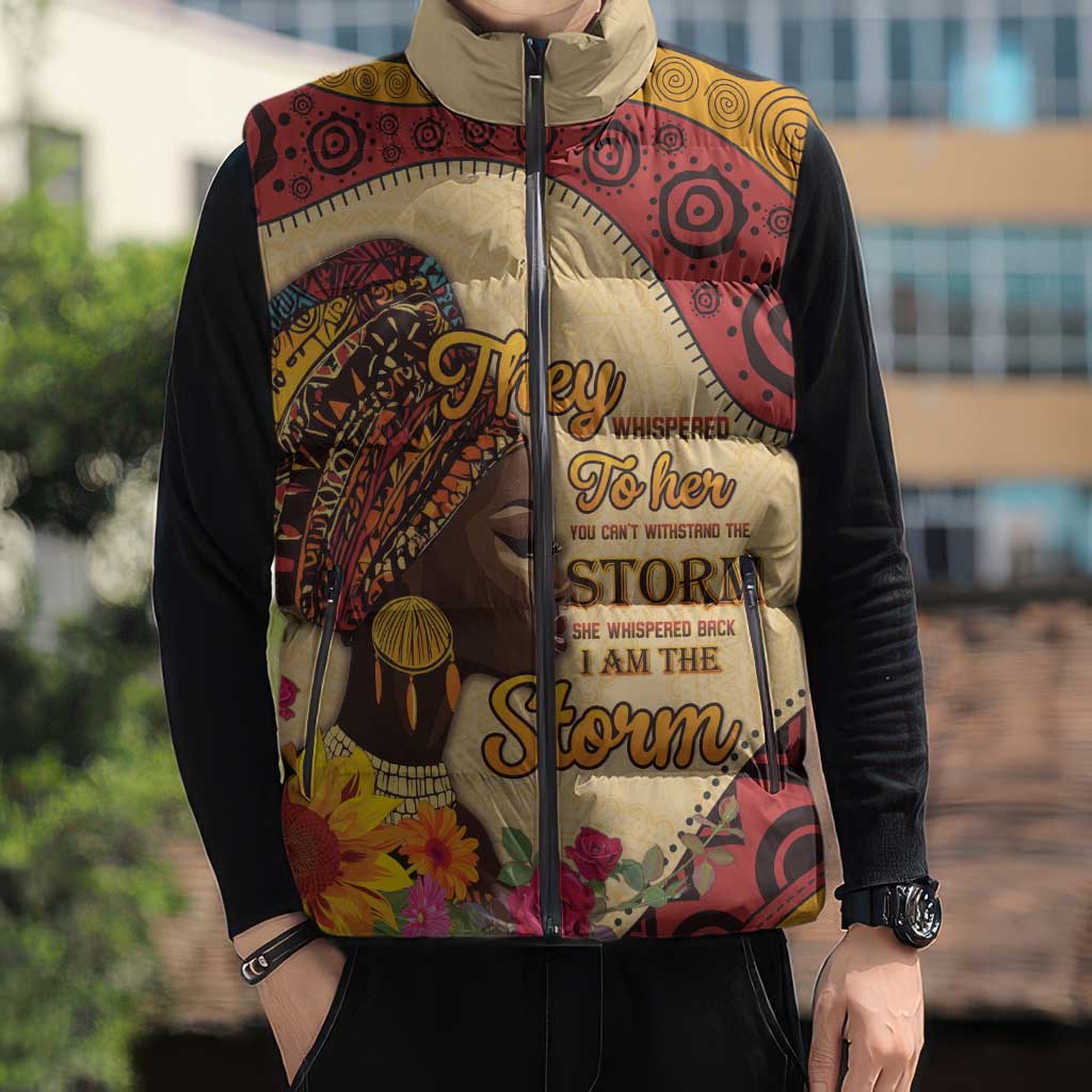 Black History Month Sleeveless Puffer Jacket African Woman Afro I Am The Storm - Wonder Print Shop