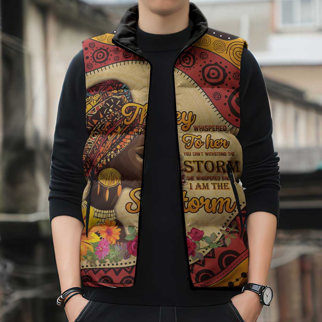 Black History Month Sleeveless Puffer Jacket African Woman Afro I Am The Storm - Wonder Print Shop