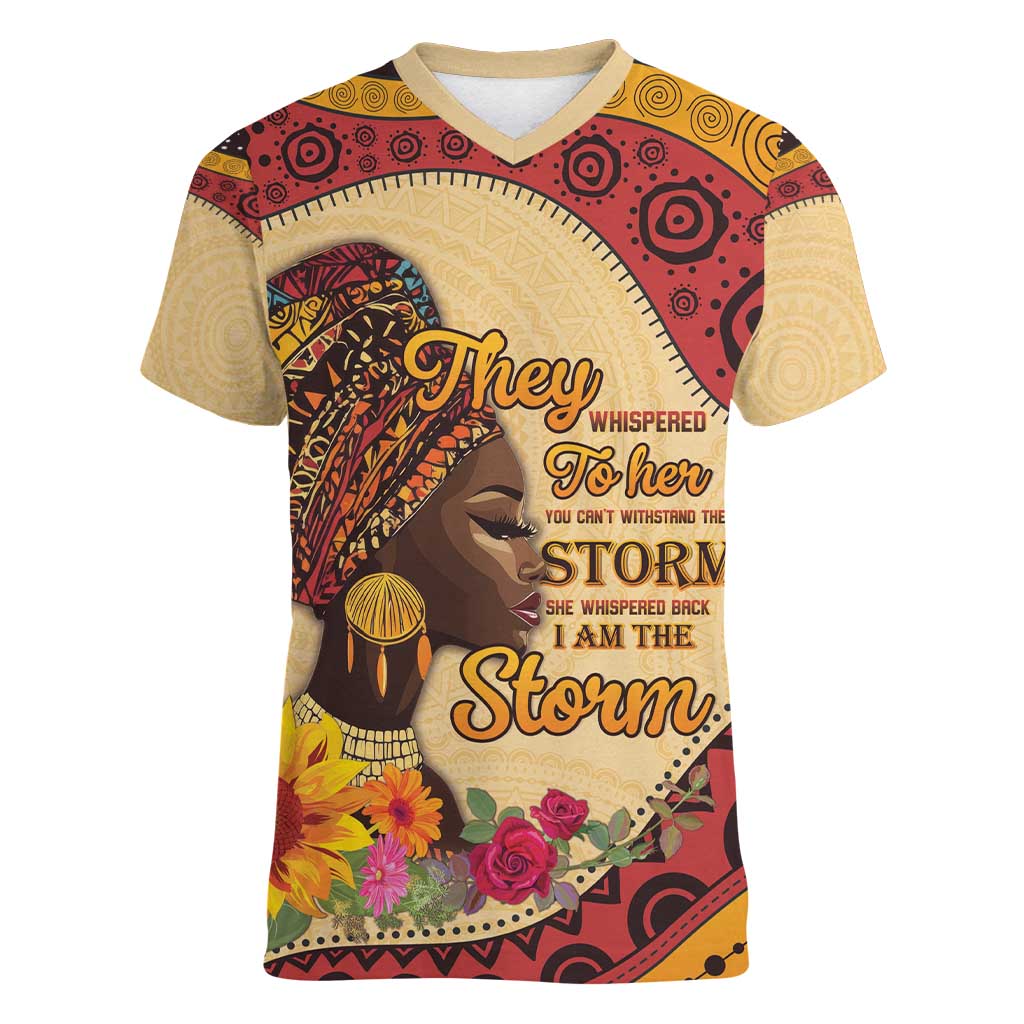 Black History Month Women V-Neck T-Shirt African Woman Afro I Am The Storm - Wonder Print Shop