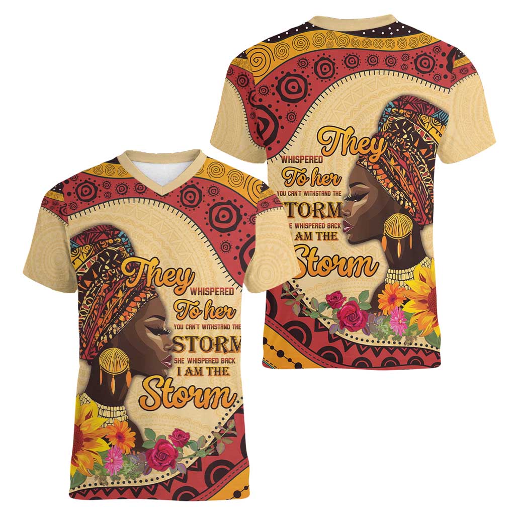 Black History Month Women V-Neck T-Shirt African Woman Afro I Am The Storm - Wonder Print Shop