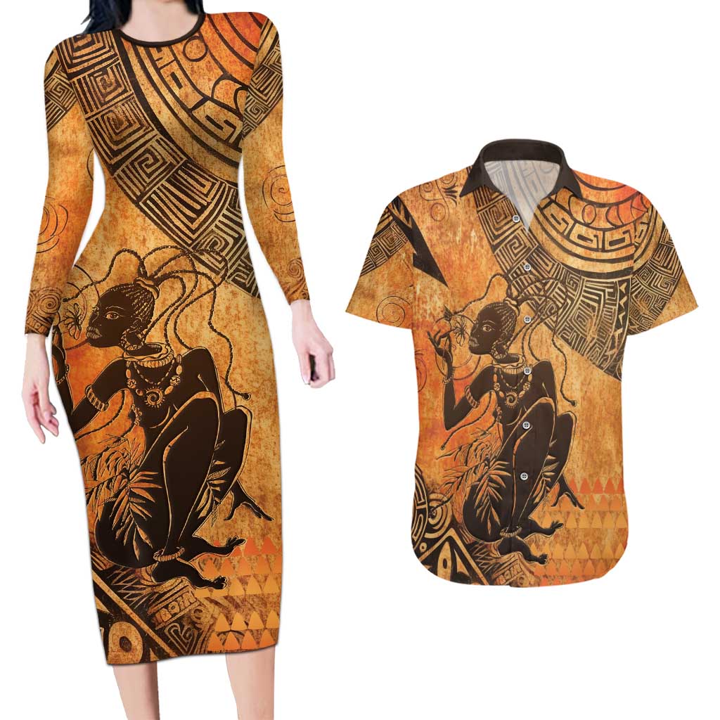 African Women Couples Matching Long Sleeve Bodycon Dress and Hawaiian Shirt She Is Rooted In The Earth and Rising Like The Sun - Wonder Print Shop