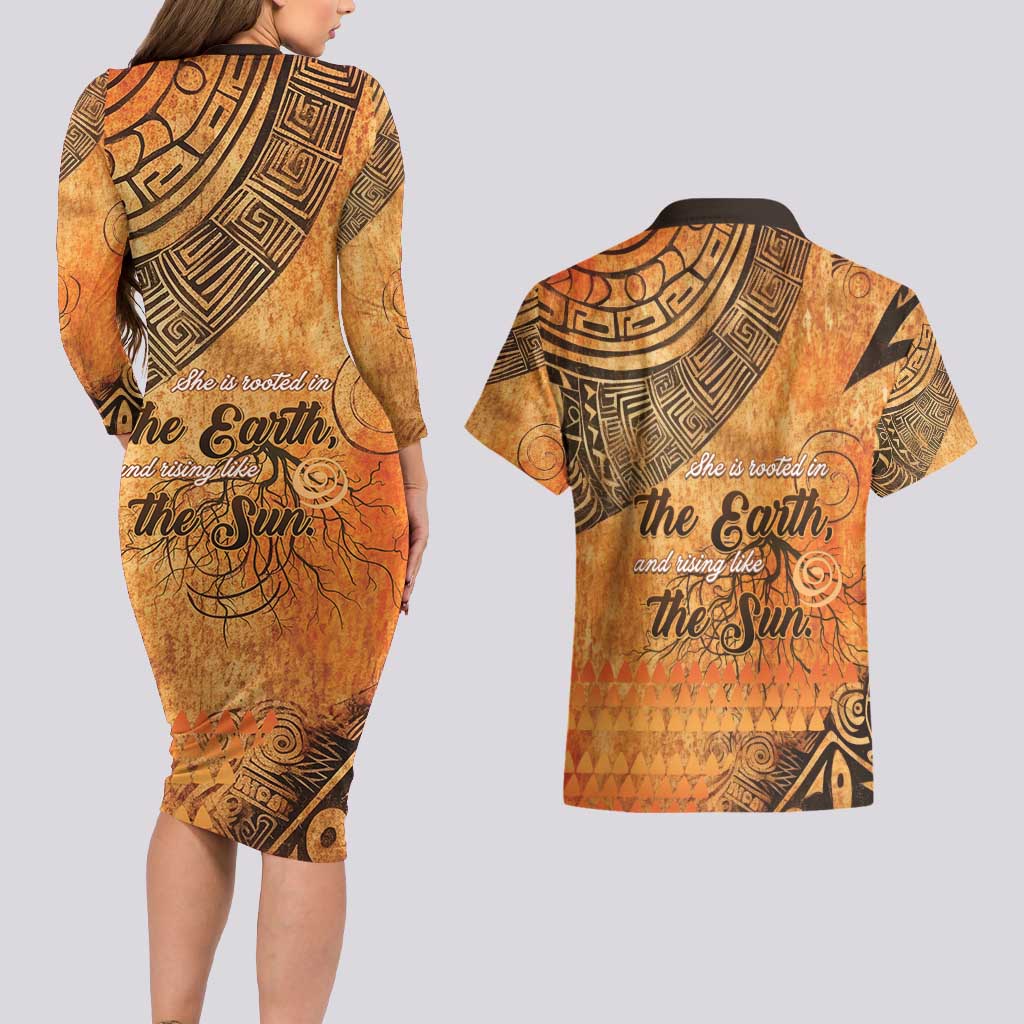 African Women Couples Matching Long Sleeve Bodycon Dress and Hawaiian Shirt She Is Rooted In The Earth and Rising Like The Sun - Wonder Print Shop