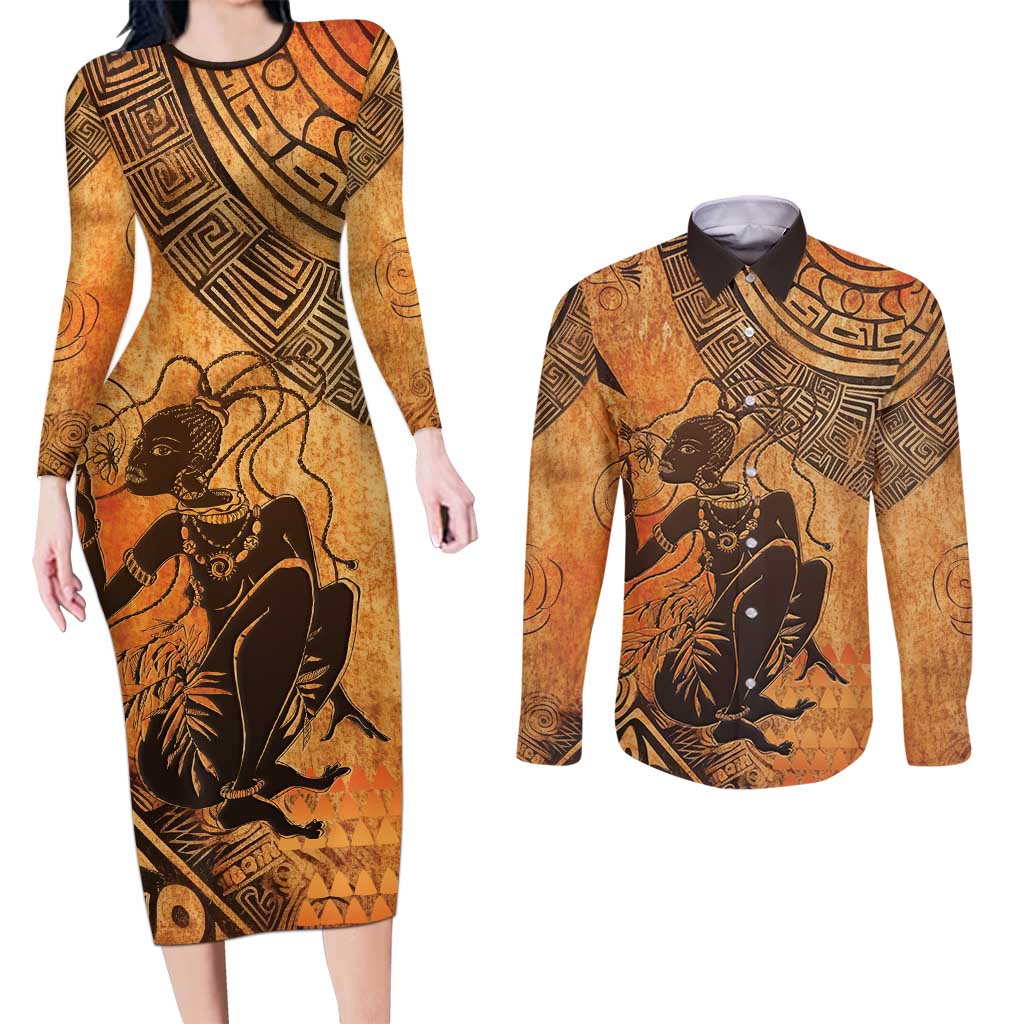 African Women Couples Matching Long Sleeve Bodycon Dress and Long Sleeve Button Shirt She Is Rooted In The Earth and Rising Like The Sun - Wonder Print Shop