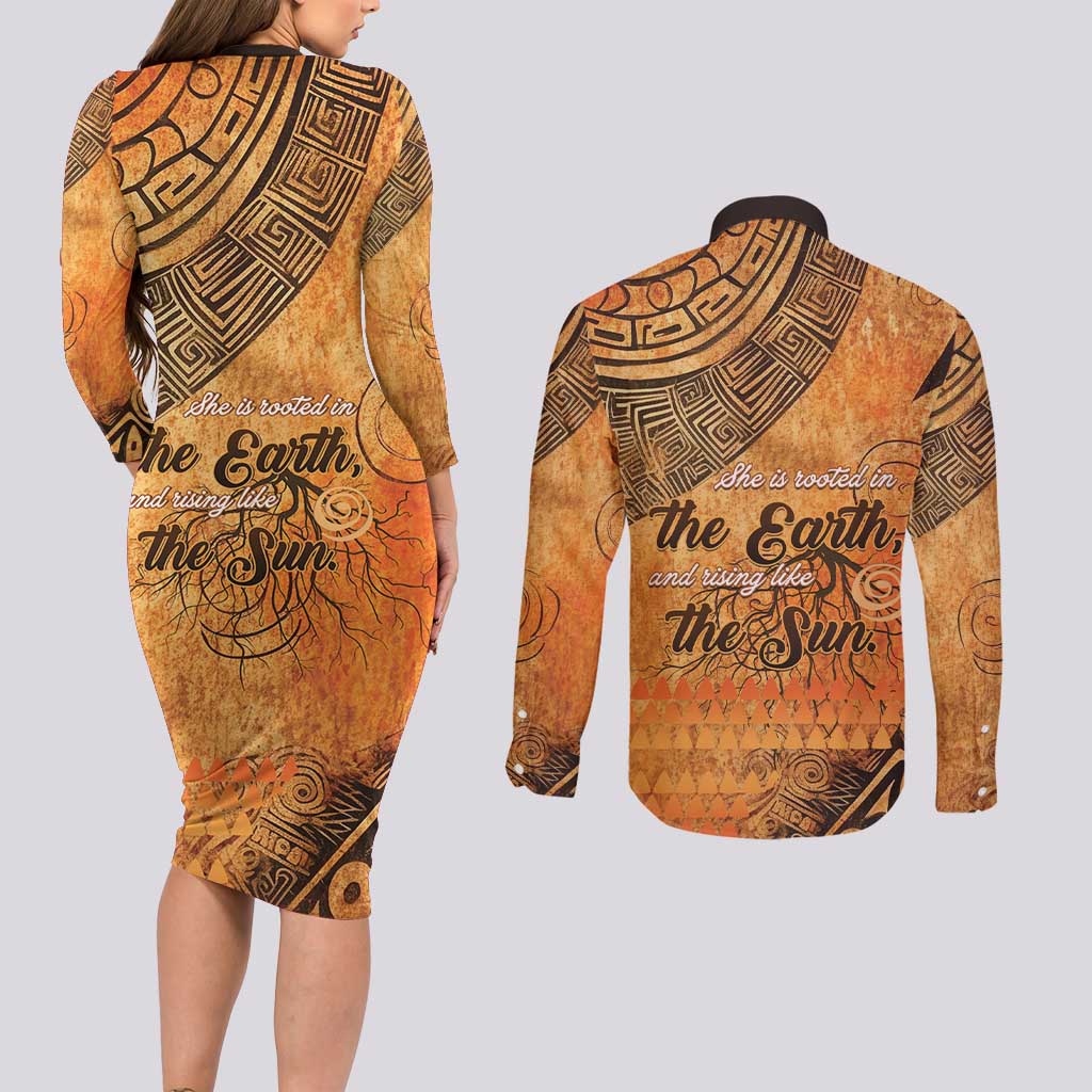 African Women Couples Matching Long Sleeve Bodycon Dress and Long Sleeve Button Shirt She Is Rooted In The Earth and Rising Like The Sun - Wonder Print Shop