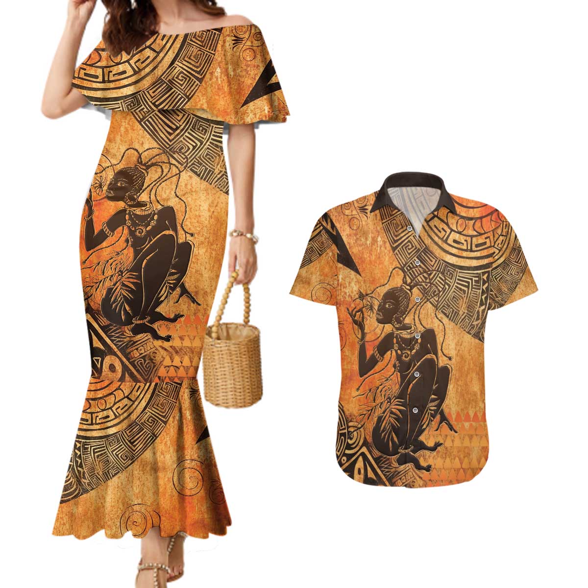 African Women Couples Matching Mermaid Dress and Hawaiian Shirt She Is Rooted In The Earth and Rising Like The Sun - Wonder Print Shop