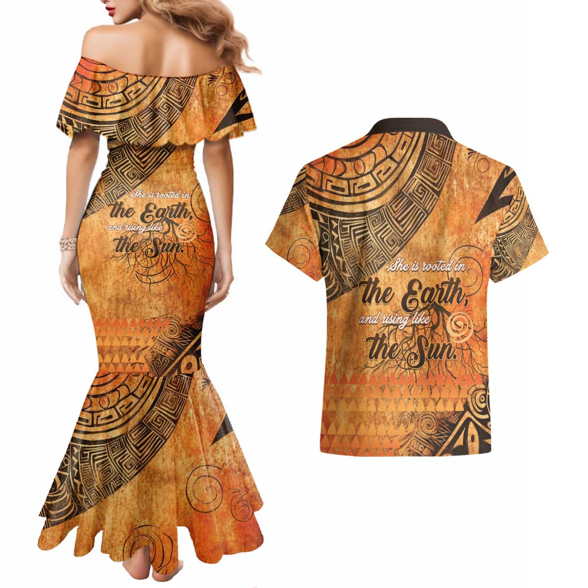 African Women Couples Matching Mermaid Dress and Hawaiian Shirt She Is Rooted In The Earth and Rising Like The Sun - Wonder Print Shop
