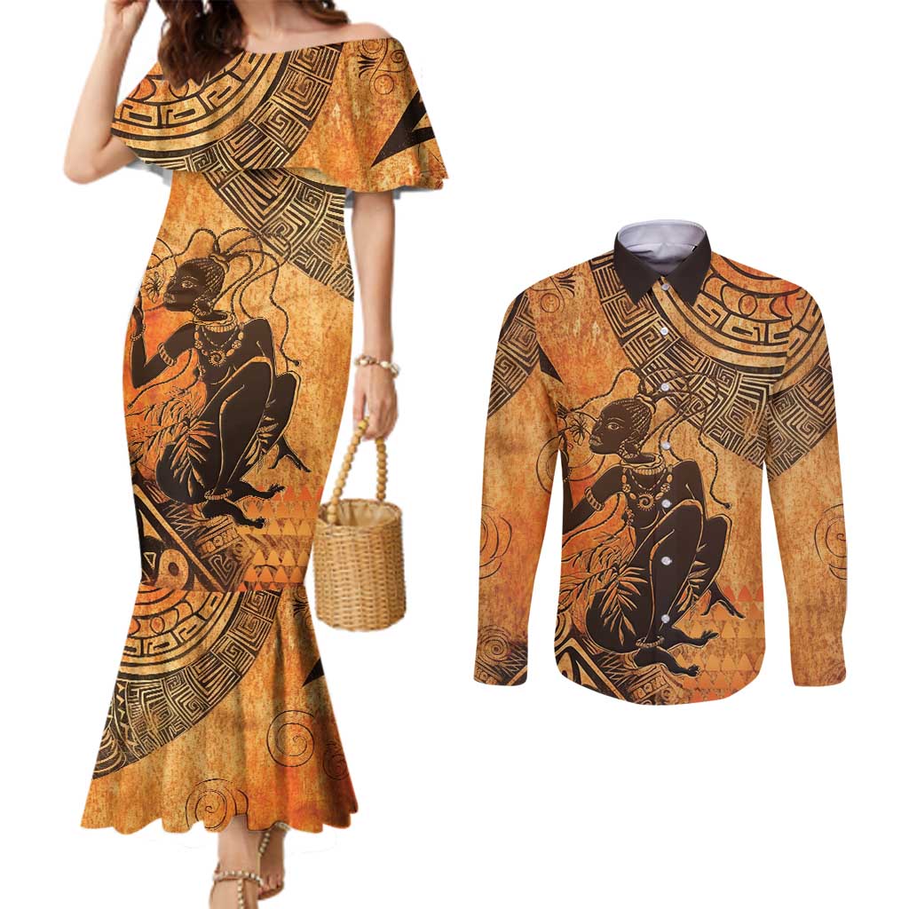 African Women Couples Matching Mermaid Dress and Long Sleeve Button Shirt She Is Rooted In The Earth and Rising Like The Sun - Wonder Print Shop