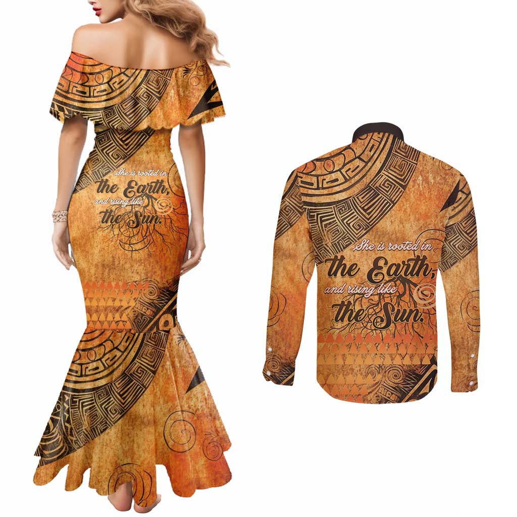 African Women Couples Matching Mermaid Dress and Long Sleeve Button Shirt She Is Rooted In The Earth and Rising Like The Sun - Wonder Print Shop