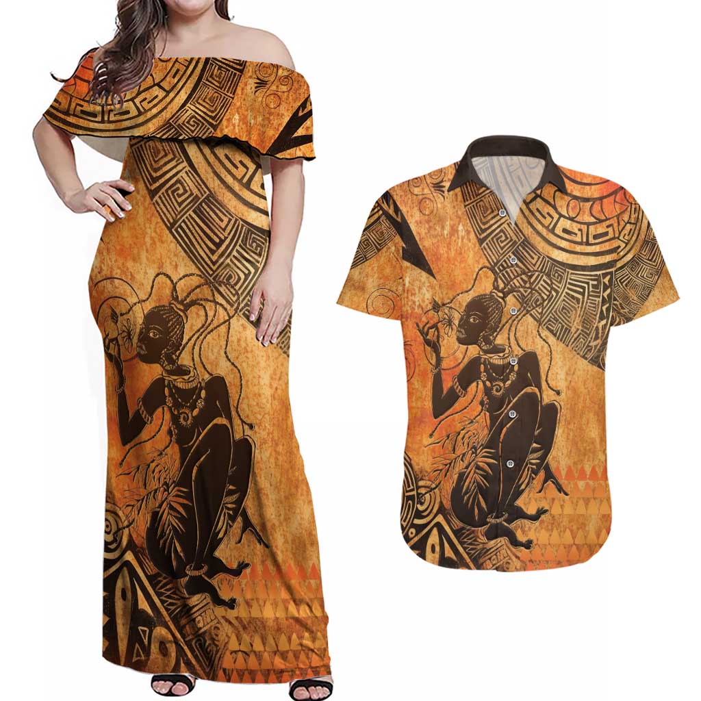 African Women Couples Matching Off Shoulder Maxi Dress and Hawaiian Shirt She Is Rooted In The Earth and Rising Like The Sun - Wonder Print Shop