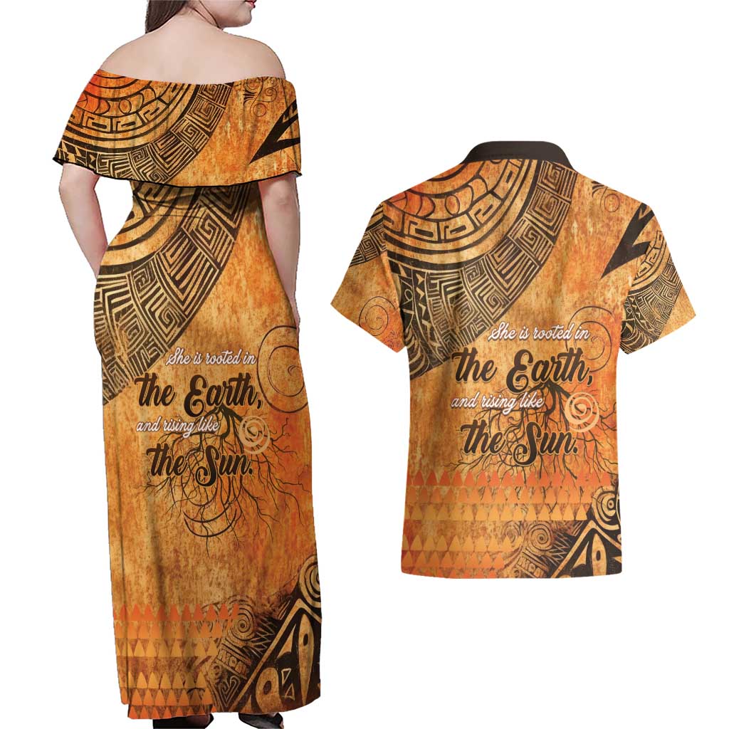 African Women Couples Matching Off Shoulder Maxi Dress and Hawaiian Shirt She Is Rooted In The Earth and Rising Like The Sun - Wonder Print Shop