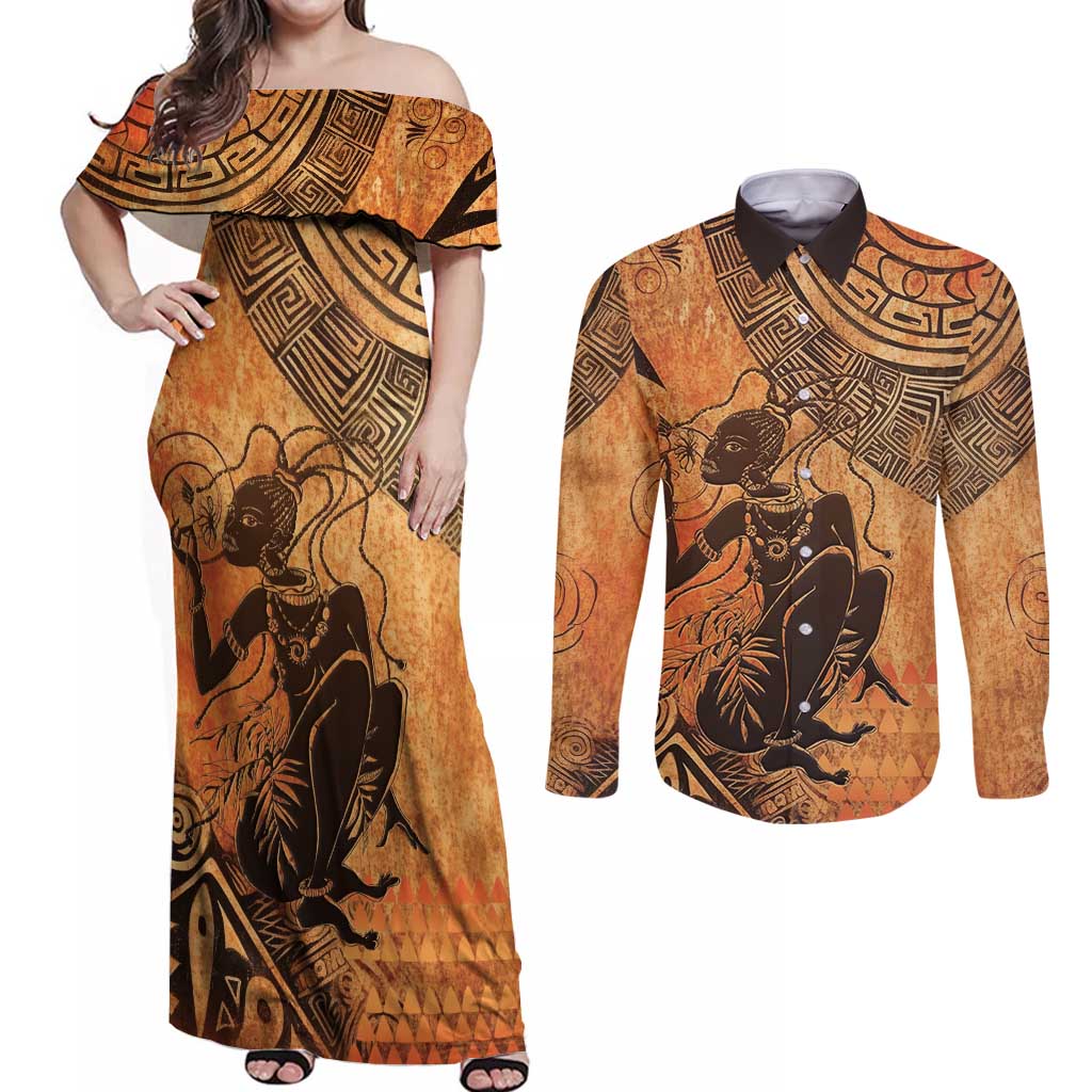 African Women Couples Matching Off Shoulder Maxi Dress and Long Sleeve Button Shirt She Is Rooted In The Earth and Rising Like The Sun - Wonder Print Shop