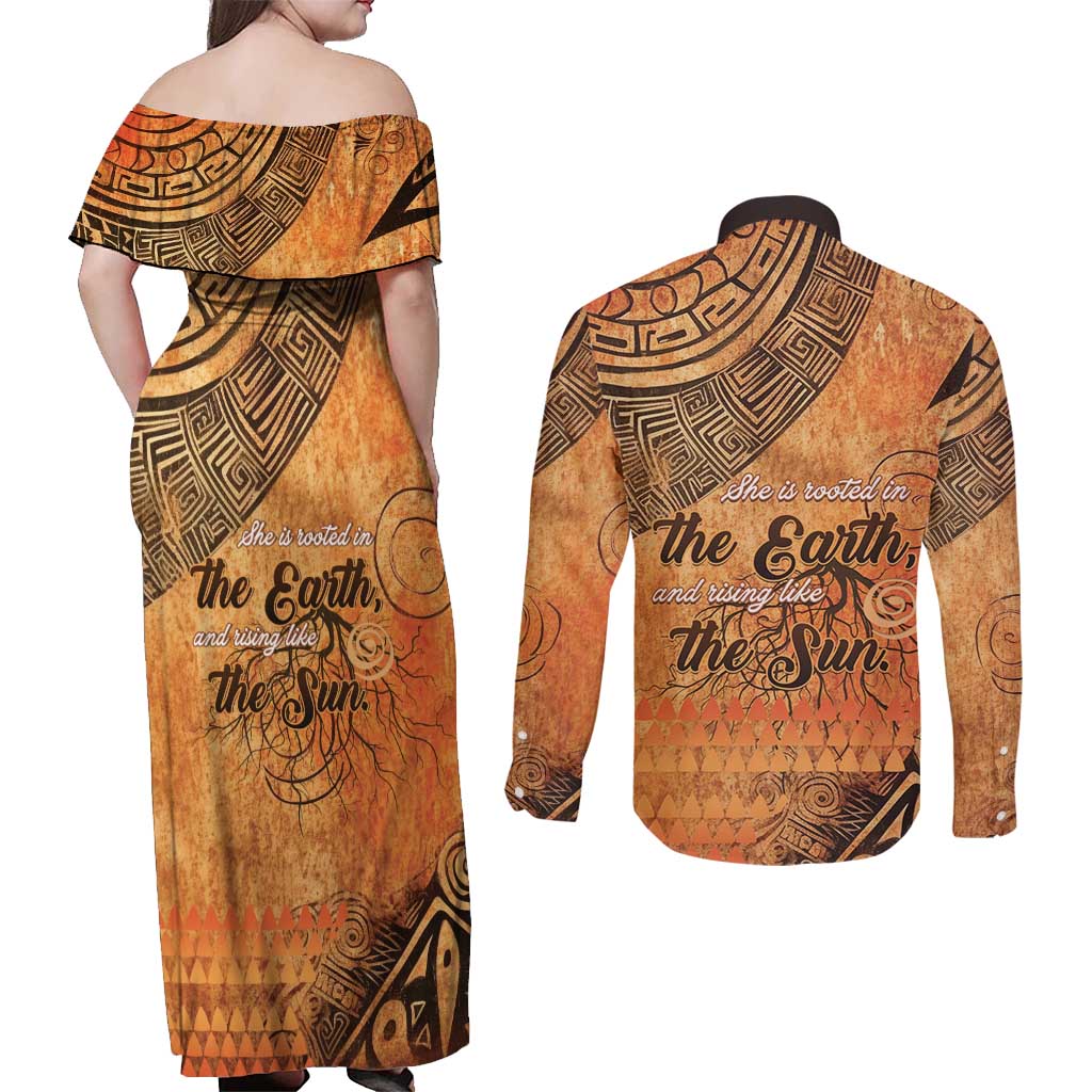 African Women Couples Matching Off Shoulder Maxi Dress and Long Sleeve Button Shirt She Is Rooted In The Earth and Rising Like The Sun - Wonder Print Shop
