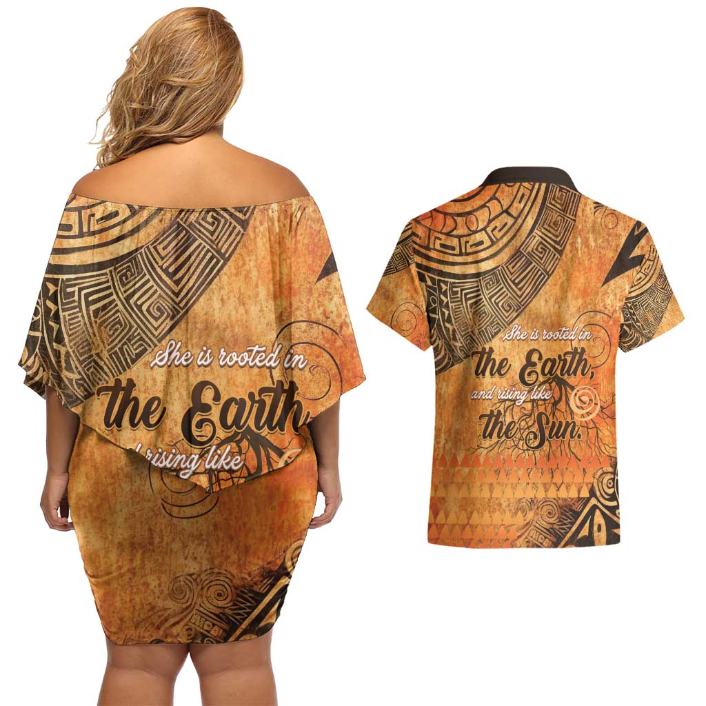 African Women Couples Matching Off Shoulder Short Dress and Hawaiian Shirt She Is Rooted In The Earth and Rising Like The Sun - Wonder Print Shop