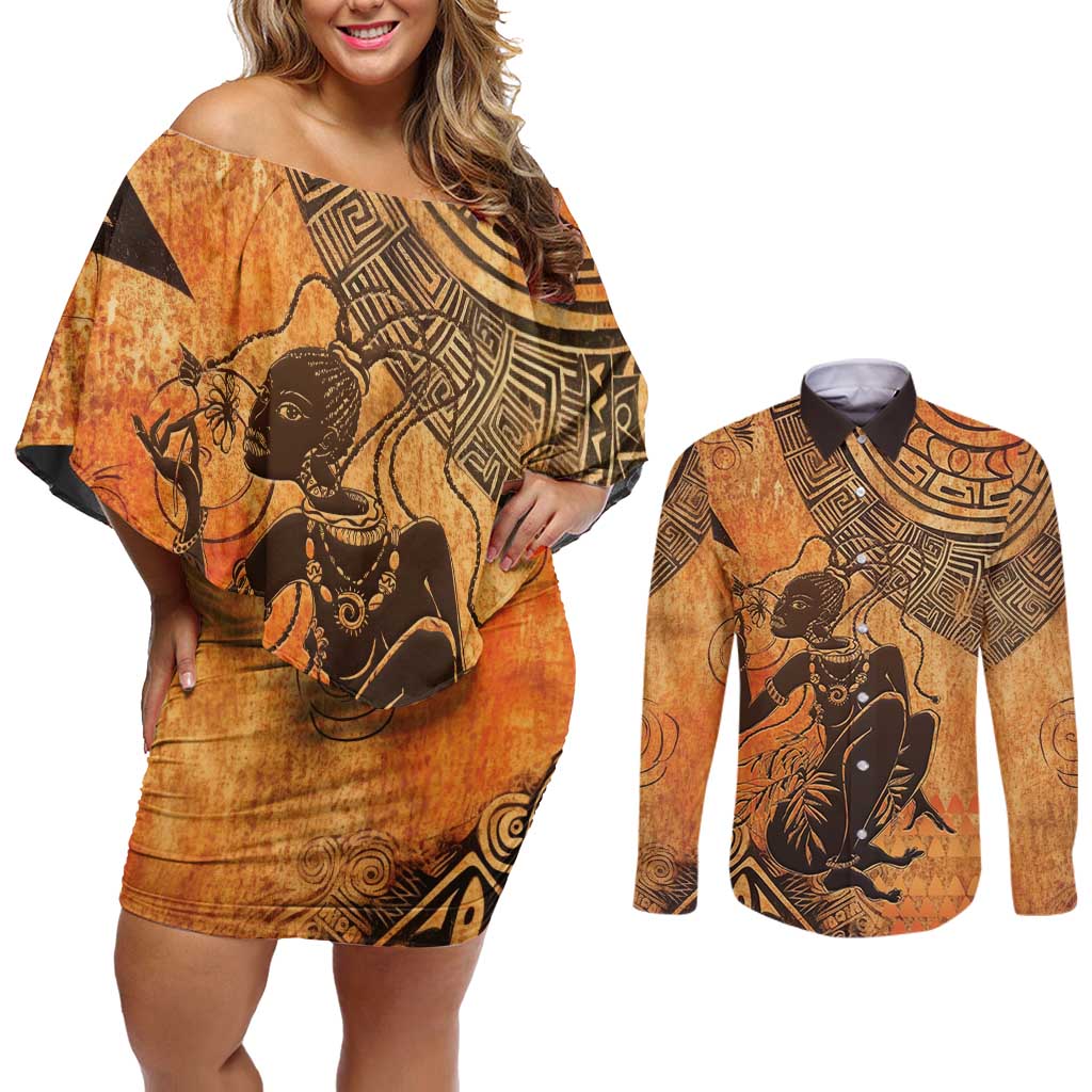 African Women Couples Matching Off Shoulder Short Dress and Long Sleeve Button Shirt She Is Rooted In The Earth and Rising Like The Sun - Wonder Print Shop