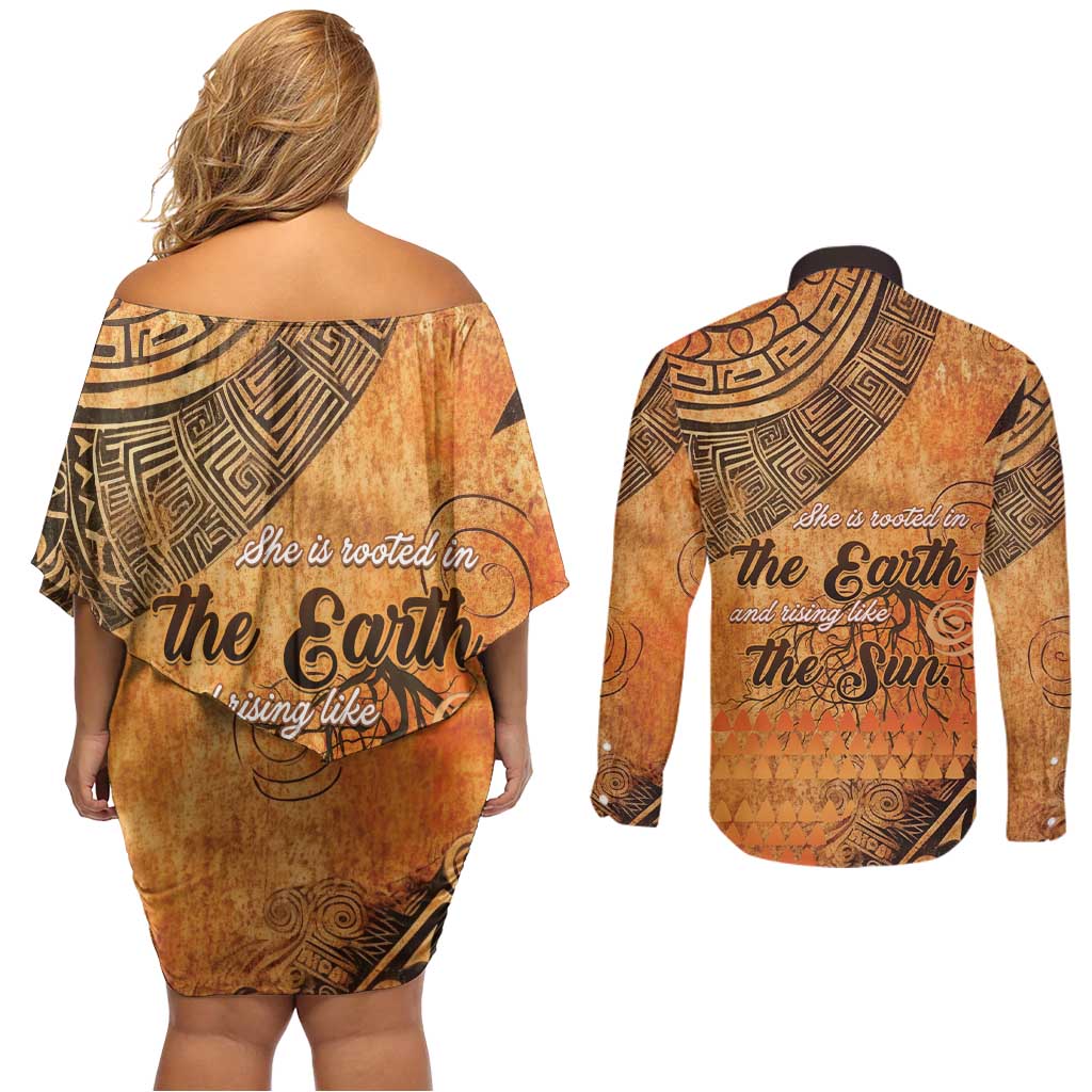 African Women Couples Matching Off Shoulder Short Dress and Long Sleeve Button Shirt She Is Rooted In The Earth and Rising Like The Sun - Wonder Print Shop
