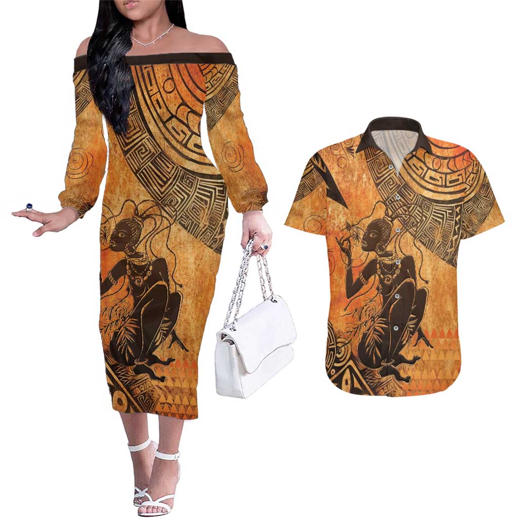 African Women Couples Matching Off The Shoulder Long Sleeve Dress and Hawaiian Shirt She Is Rooted In The Earth and Rising Like The Sun - Wonder Print Shop