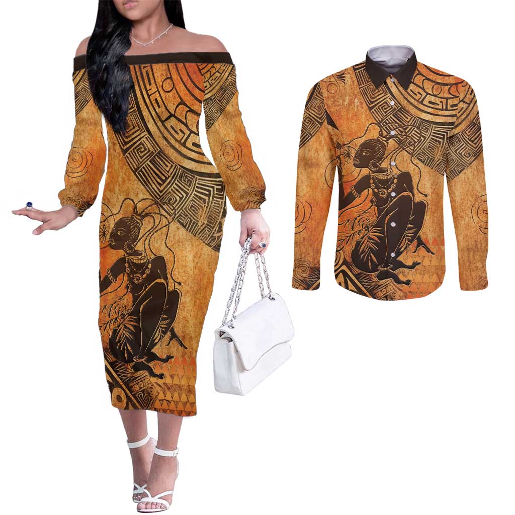 African Women Couples Matching Off The Shoulder Long Sleeve Dress and Long Sleeve Button Shirt She Is Rooted In The Earth and Rising Like The Sun - Wonder Print Shop
