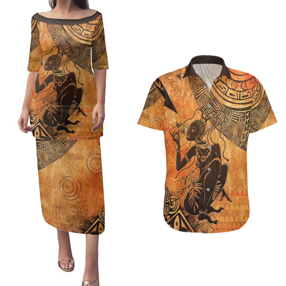 African Women Couples Matching Puletasi and Hawaiian Shirt She Is Rooted In The Earth and Rising Like The Sun - Wonder Print Shop